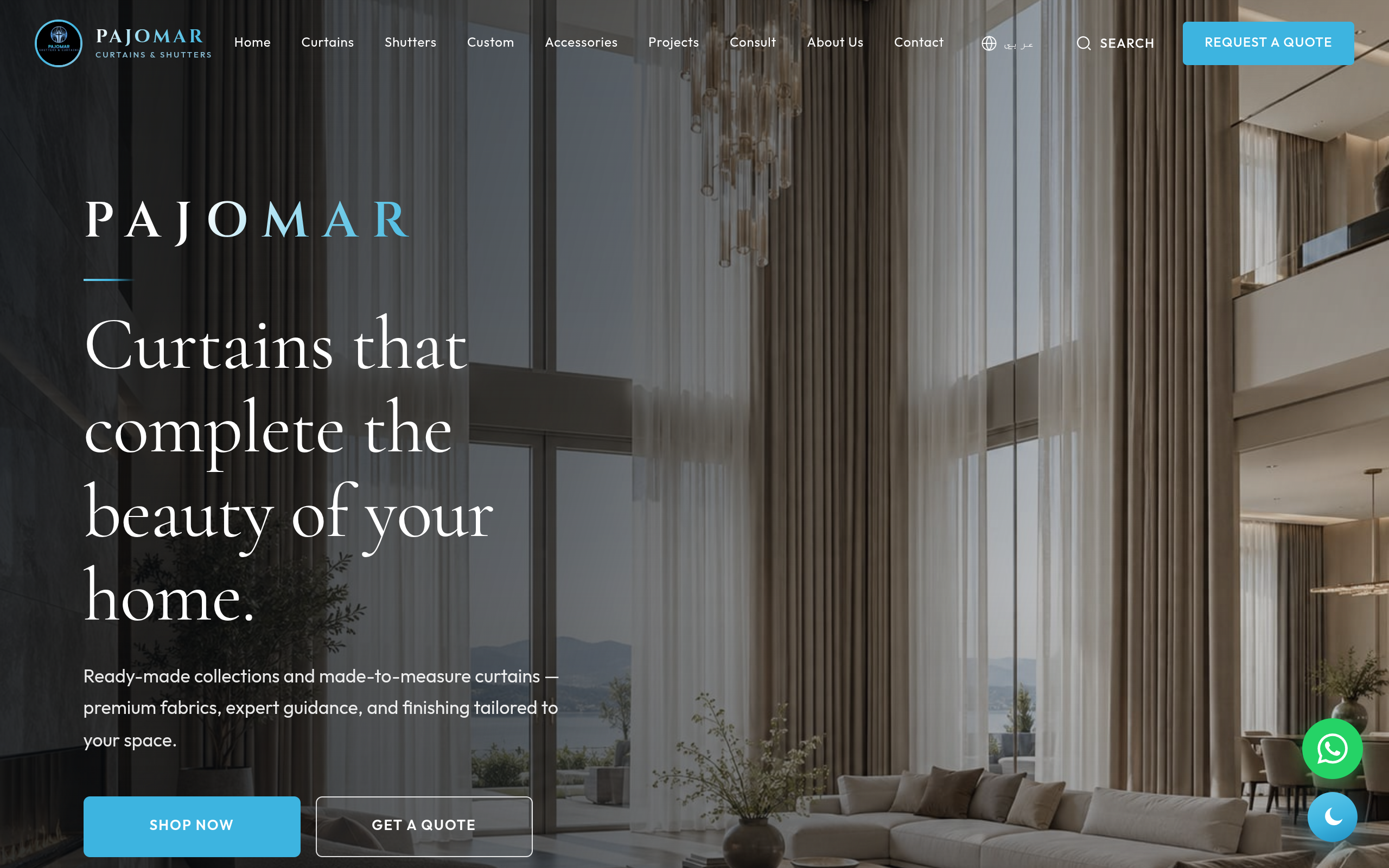 PAJOMAR curtains and shutters website screenshot